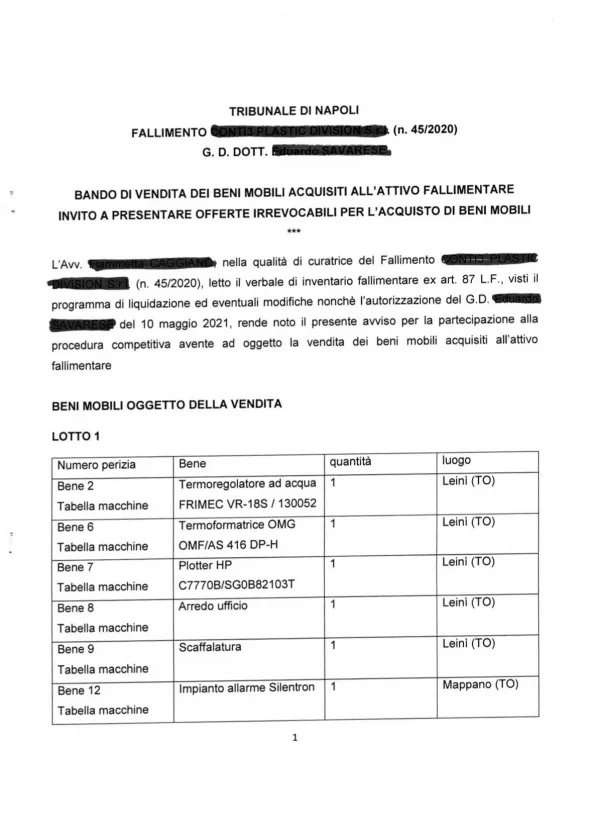 Termoformatrice e altri macchinari e beni mobili