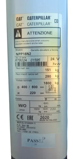 Transpallet elettrico sollevatore batteria 1600 kg CAT