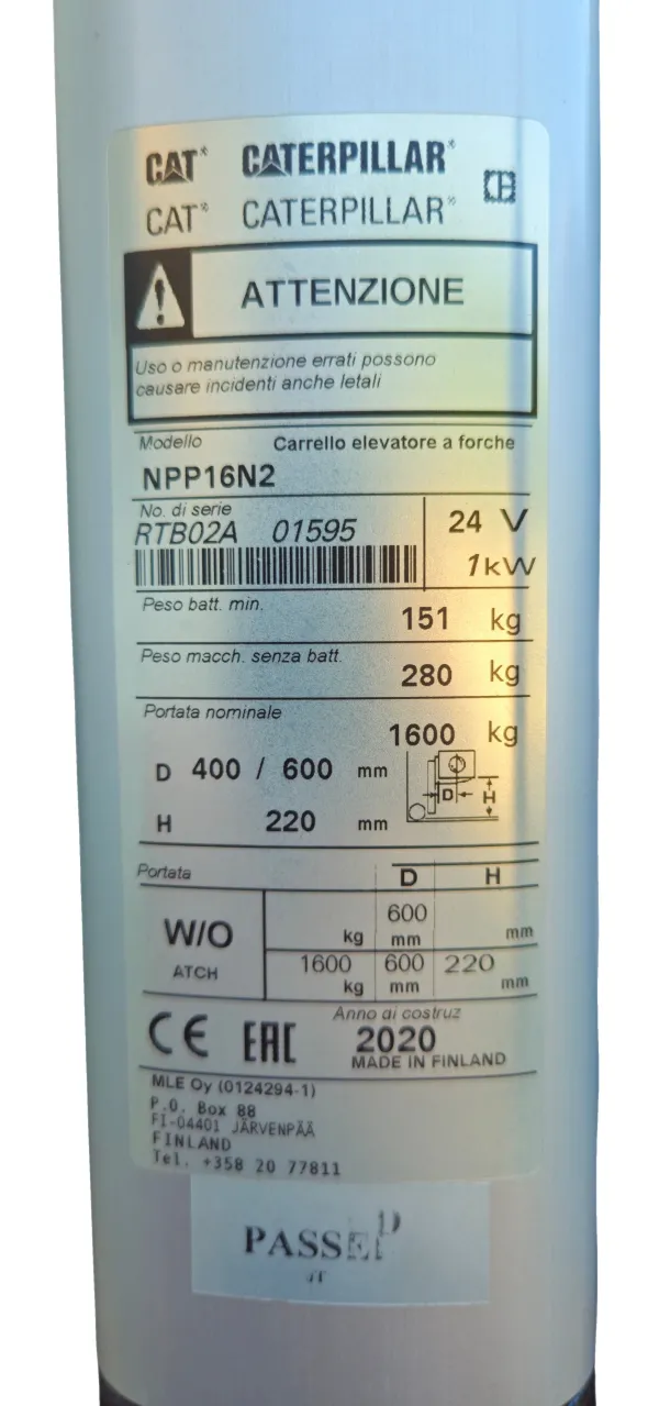 Transpallet elettrico sollevatore batteria 1600 kg CAT